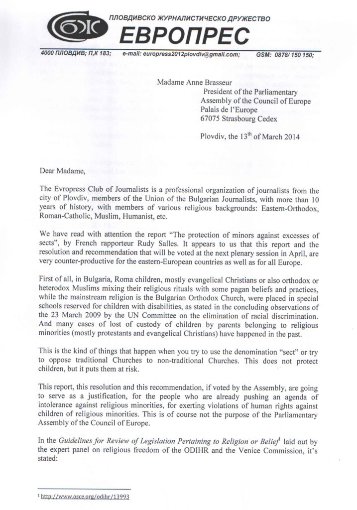 Bulgaria – Council of Europe, the Evropress Club of Journalists defends Freedom of Religion or Belief