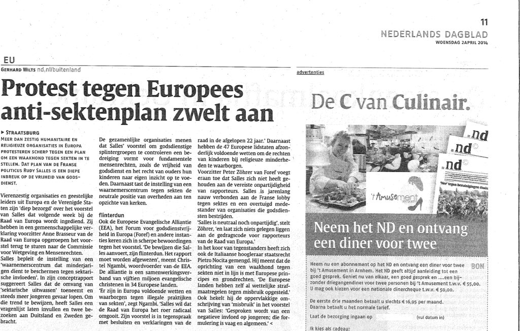 Nederlands Dagblad newspaper article on Religious Freedom at stake at PACE