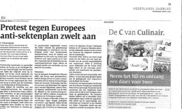 Nederlands Dagblad newspaper article on Religious Freedom at stake at PACE